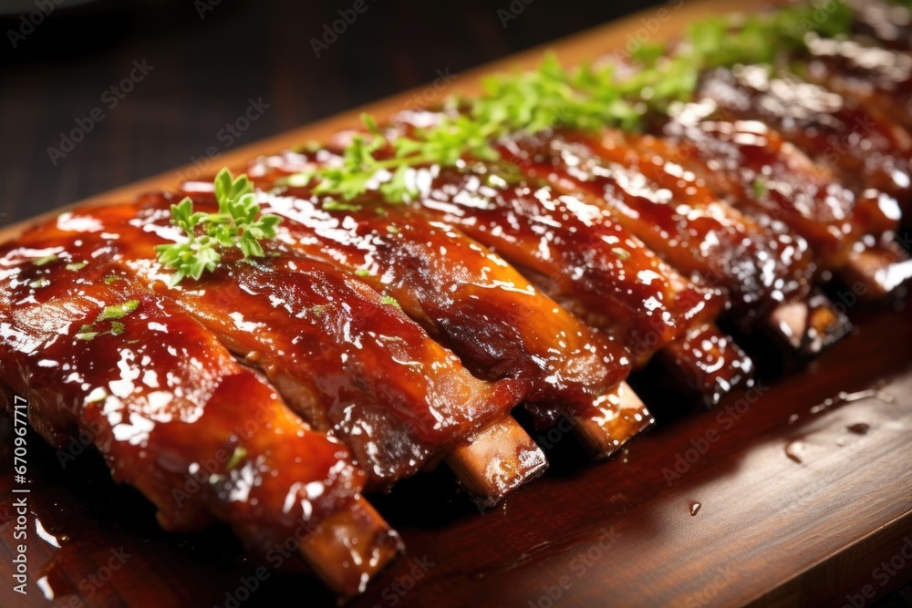 highly detailed shot of the succulent glazed pork ribs highly detailed shot of the succulent glazed pork ribs