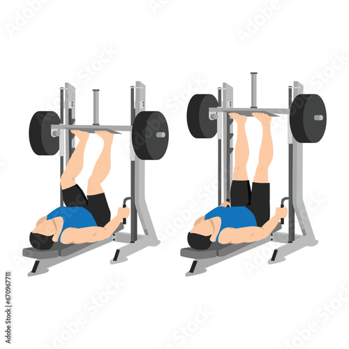 Man doing smith machine leg press exercise or reverse squat. Lying leg press exercise. Flat vector illustration isolated on white background photo