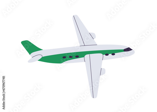 Air plane, aircraft flying. Airplane flight. Aeroplane, jet. Airliner transport, side view. Holiday travel, trip, journey by airline vehicle. Flat vector illustration isolated on white background