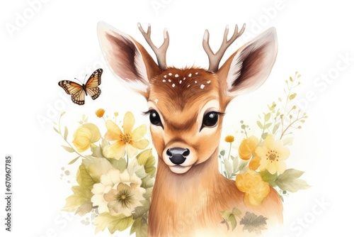 Serene Tan Deer with White Spots and Antlers in Delicate Yellow Flower Surroundings