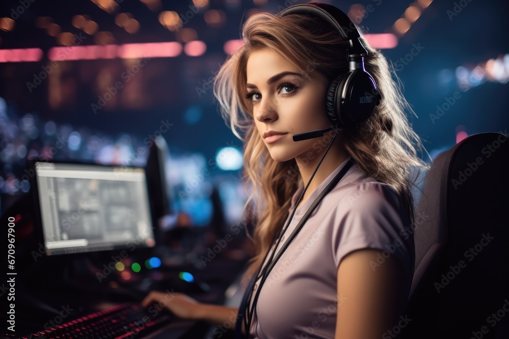 Portrait of beautiful female esports commentator.