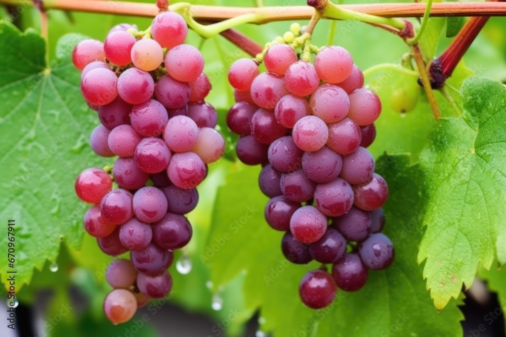 close-up of ripe, dewy grapes hanging from vine