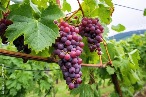multiple grape clusters on a vine under an overcast sky
