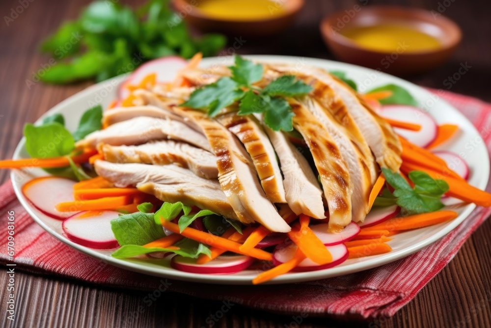 grilled chicken salad with carrot strips and radish slices grilled chicken salad with carrot strips and radish slices