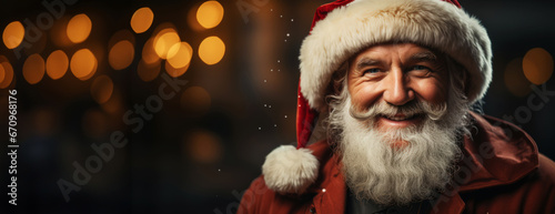 Happy Santa Claus outdoors portrait with bokeh background and copy space. Christmas concept. Generative AI