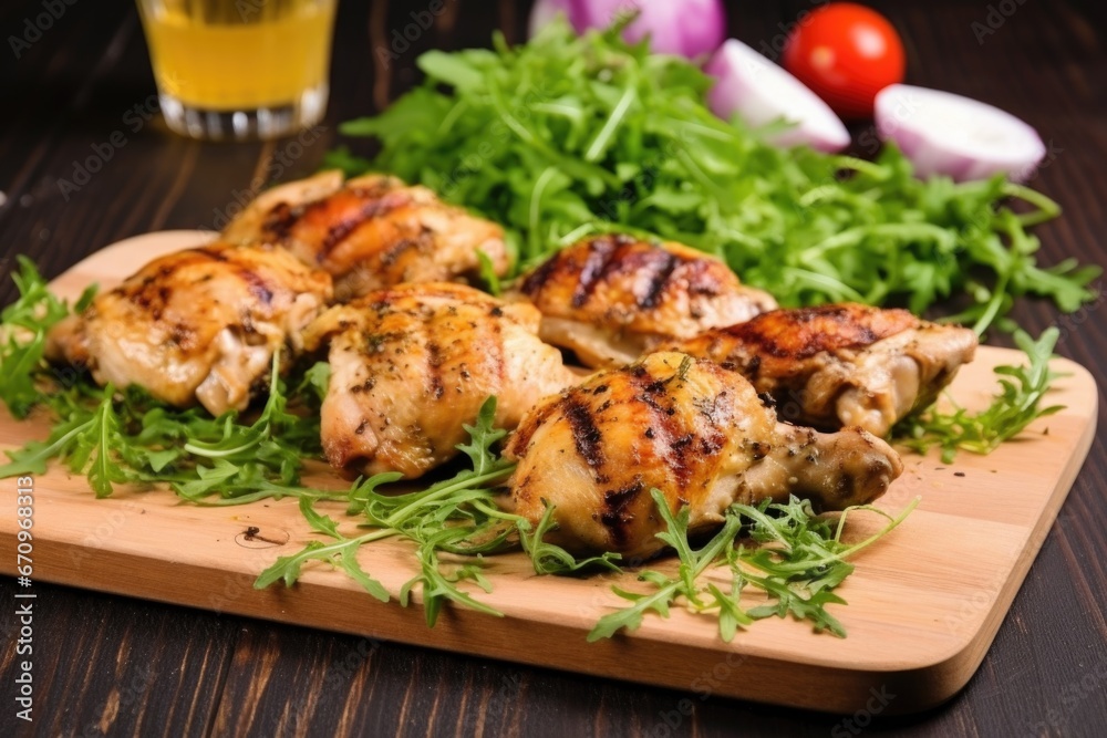 grilled chicken pieces placed on an arugula bed