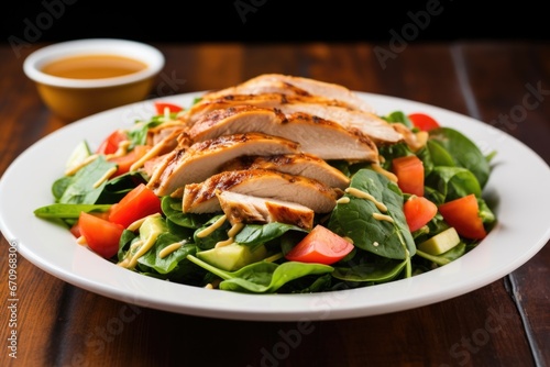 grilled chicken salad with a vinaigrette dressing drizzled on top