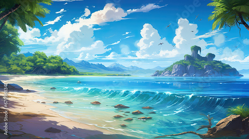 wonderful anime manga artwork of ocean waves incoming at a tropical beach