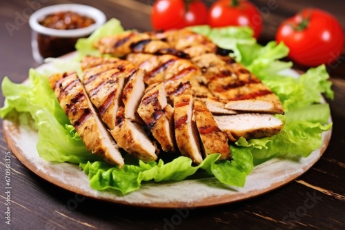 close-up of grilled chicken strips on a bed of lettuce