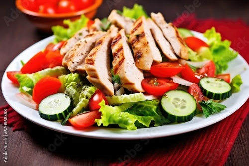 close-up of grilled chicken salad with lettuce, tomato, and cucumber