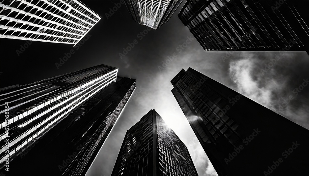 Skyscrapers from below. Looking up buildings. Dynamic light. High contrast. Black and white.
