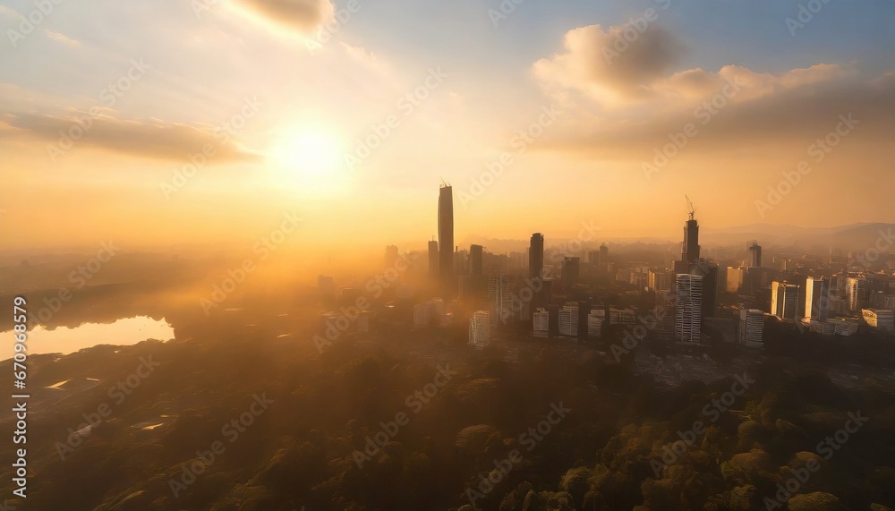 City skyline during sunset. Forest around a city. Atmospheric aerial view.