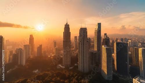 City skyline during sunset. Forest around a city. Atmospheric aerial view.
