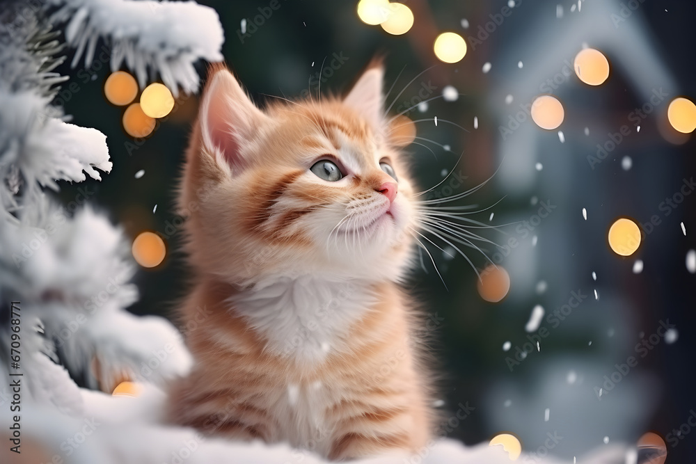 Closeup portrait of striped red kitten looking at falling snowflakes at night. Winter greeting card, atmospheric background with blurred bokeh lights and falling snow. Merry Christmas, Happy New Year