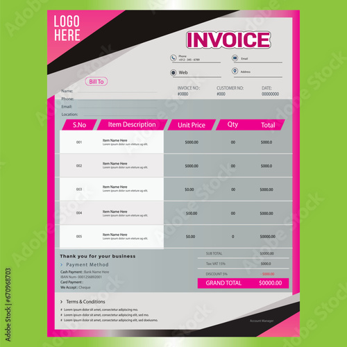 Invoice Template Design, Corporate Invoice Design Template, Vector Invoice Template, Cash Memo, Vector Quotation Design Template