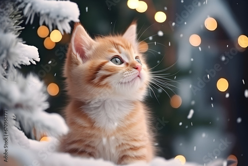Closeup portrait of striped red kitten looking at falling snowflakes at night. Winter greeting card, atmospheric background with blurred bokeh lights and falling snow. Merry Christmas, Happy New Year