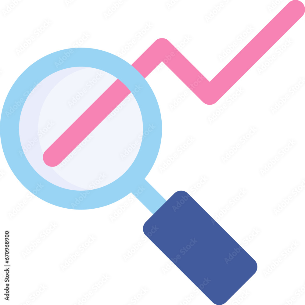 Analytics in flat icon. Analyzing, research, magnifying glass, line chart, business