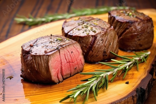 grilled filet mignon on wooden board
