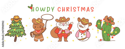 Cute Cowboy Christmas Western Howdy Christmas banner Hand drawing cartoon