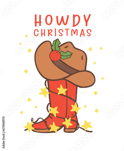 Cute Cowboy Christmas with Western Boot Cartoon Character hand drawing