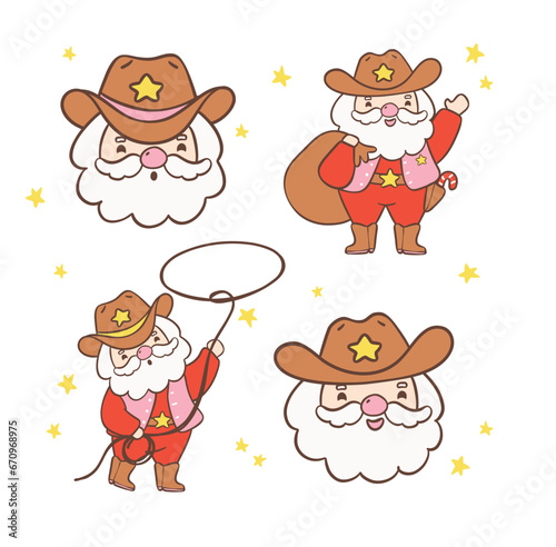 Cute Cowboy Santa Claus Western Christmas Collection cartoon character hand drawing illustration.