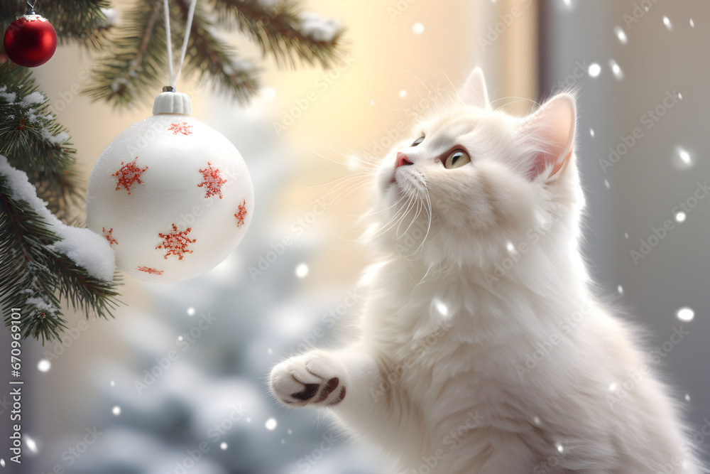 White kitten looking at the Christmas ball on the branch. New Year greeting card with falling snow and blurred Christmas background. Space for text. Web banner. 