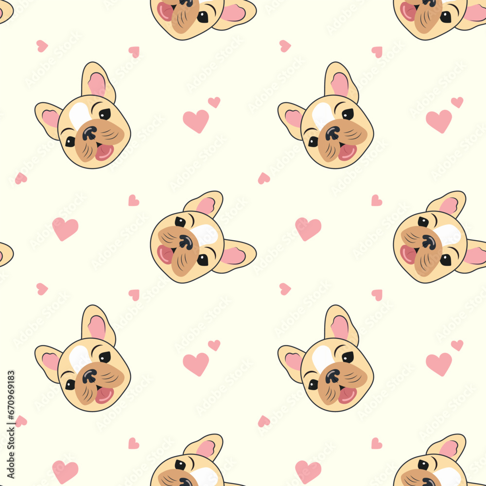 Seamless pattern of heads of cute beige French bulldog puppies Seamless pattern of heads of cute beige French bulldog puppies