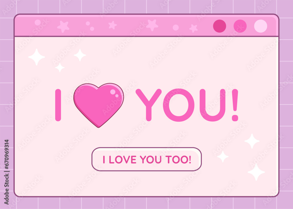 Open old computer dialog window with I Love You short phrase, retro technology illustration, Valentine's Day romantic card in Y2K aesthetics. Vector illustration. Open old computer dialog window with I Love You short phrase, retro technology illustration, Valentine's Day romantic card in Y2K aesthetics. Vector illustration.