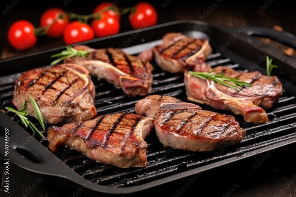 grilled lamb chops with charred edges on a black grill pan