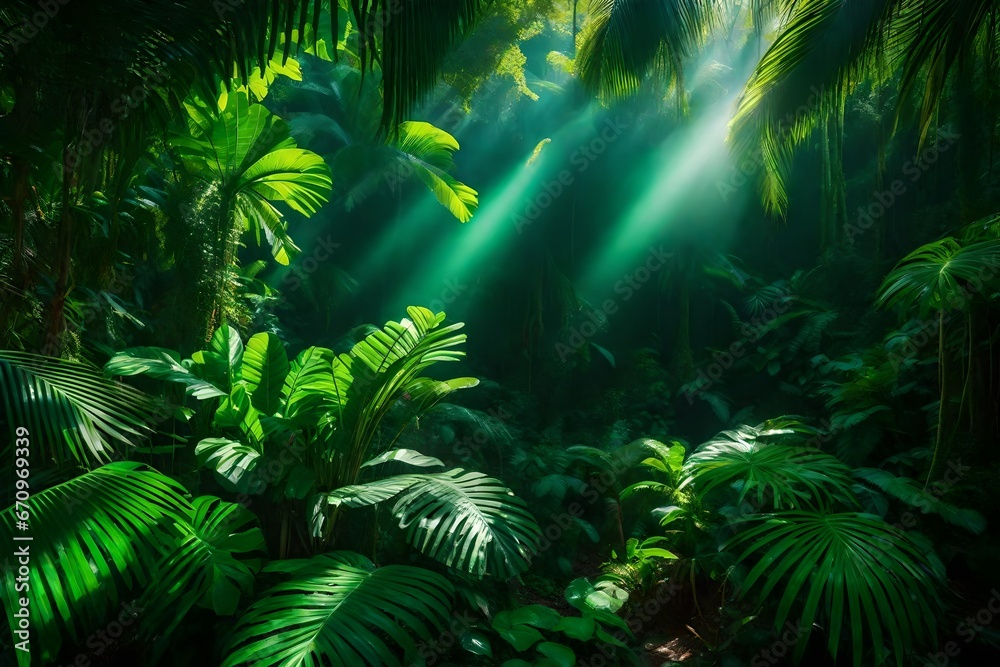 a scene featuring a lush, emerald green jungle,