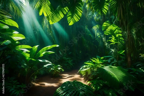 a scene featuring a lush  emerald green jungle 