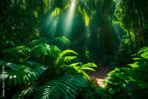 a scene featuring a lush  emerald green jungle 