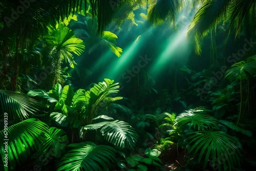 a scene featuring a lush  emerald green jungle 