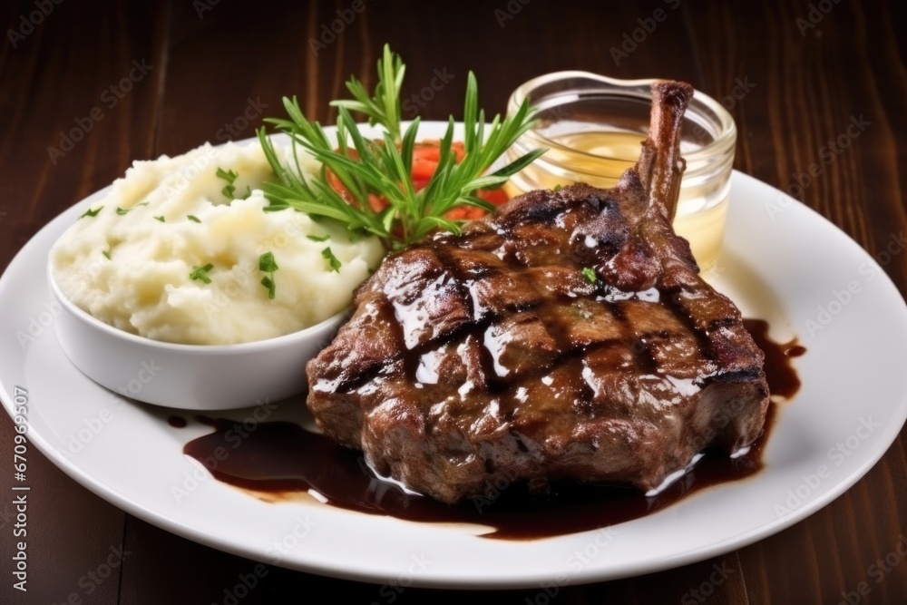 grilled lamb chops served with mashed potatoes and gravy
