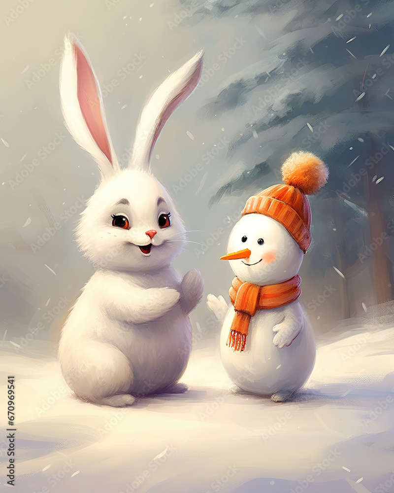 a cute cartoon inspired rabbit standing next to a lovely snowman, bunny in winter a cute cartoon inspired rabbit standing next to a lovely snowman, bunny in winter