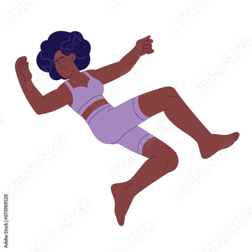 People outstretched hands sleep. Woman lying in weightlessness. Happy girl rest in air, relax in zero gravity. Female fly in dream, imagination. Flat isolated vector illustration on white background