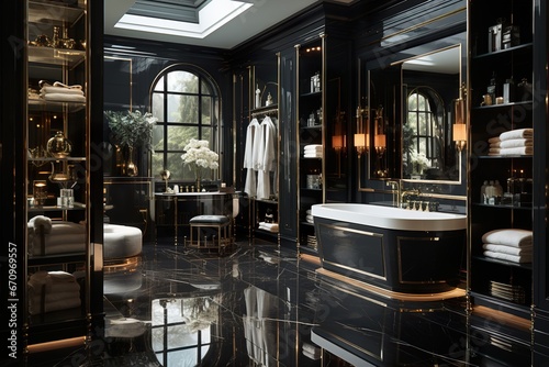 Obraz na plátně Grande salle de bain luxueuse, bleu sombre et doré avec grande fenêtre