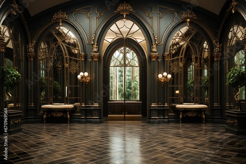 Entrée intérieur luxueuse sombre et doré dans un style ancien. Luxurious dark and gold interior entrance in an old style.