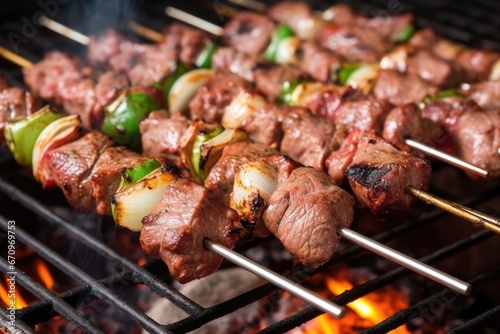 shot of lamb kebabs on skewers, just removed from the grill