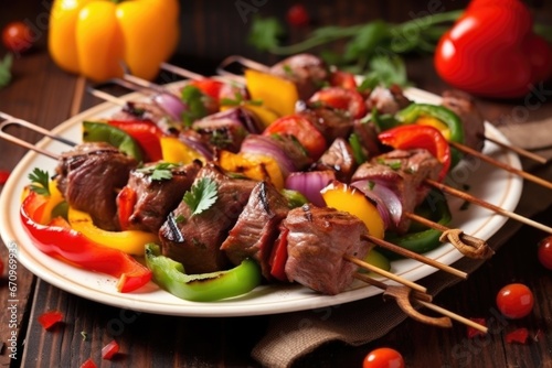 grilled lamb pieces skewered between colorful bell peppers