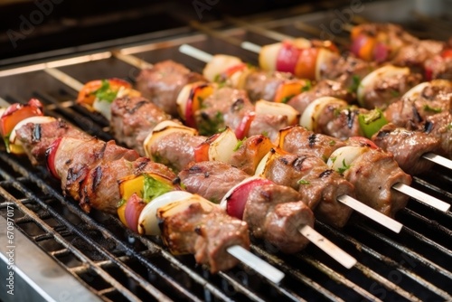 lamb kebabs angled on a shiny stainless grill rack