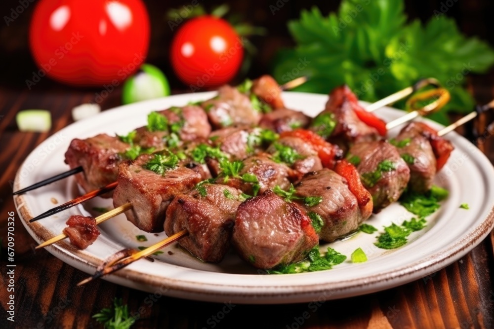 skewered lamb sprinkled with fresh chopped parsley