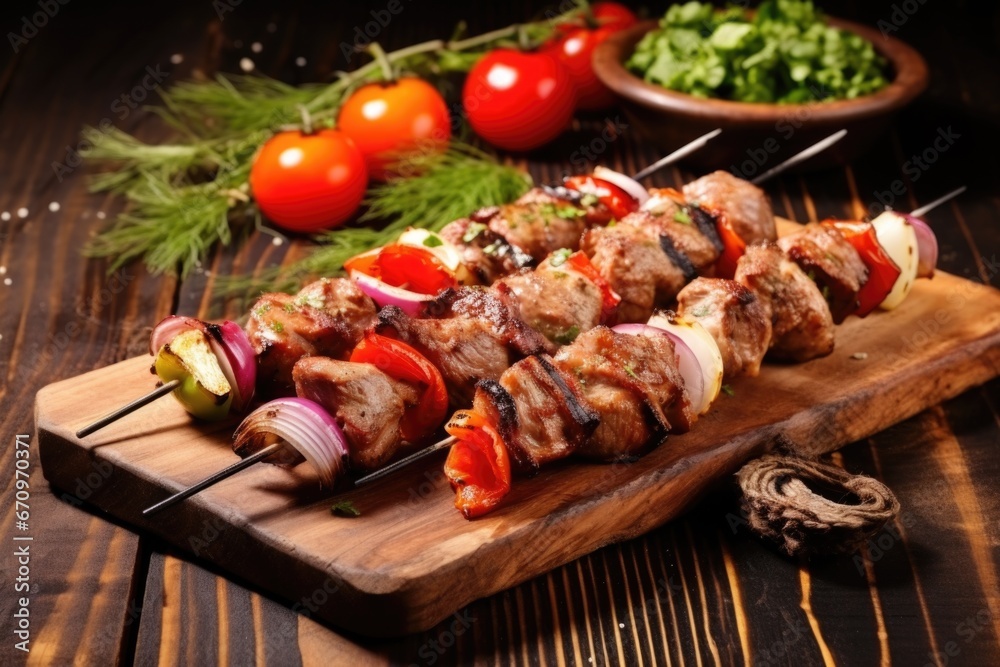 grilled kebabs on a rustic wooden board