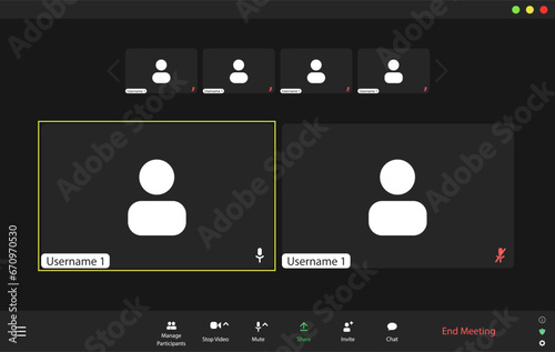 Video conference user interface, video meeting call window overlay. Modern UI template for 6 users.