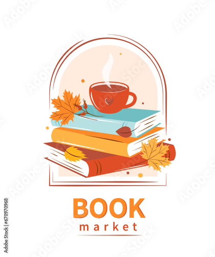 Book market. Layout design for bookstore, library, sale in bookshop. Books with autumn bright leaves. Vector illustration
