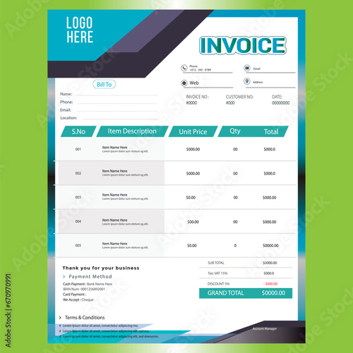 Invoice Template Design, Corporate Invoice Design Template, Vector Invoice Template, Cash Memo, Vector Quotation Design Template