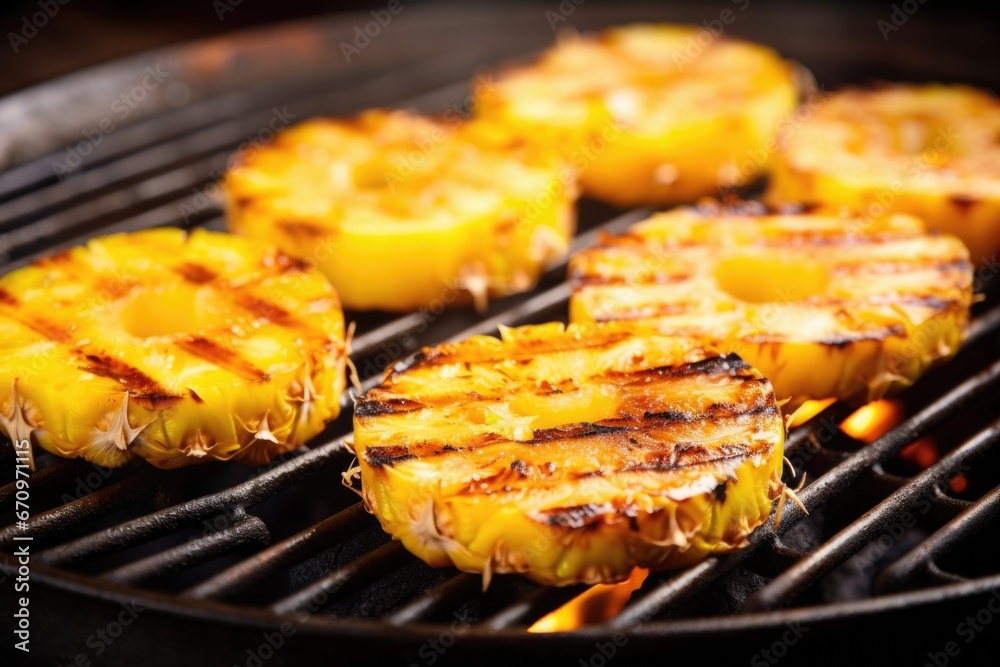 pineapple slices sizzling on an open grill pineapple slices sizzling on an open grill