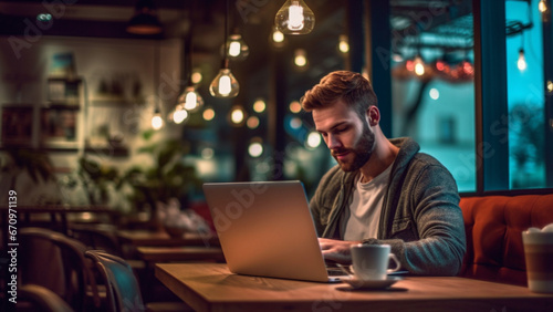 Person working on laptop in cafe, working online