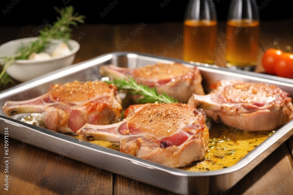pork chops on a stainless steel serving tray