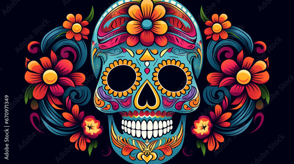 skull with flowers  bold and lively colors to capture the spirit of this important Mexican holiday,  Cinco de Mayo. 